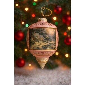 Thomas Kinkade Christmas Ornament Pink Gold Finial Winter Cottage Sleigh Topper